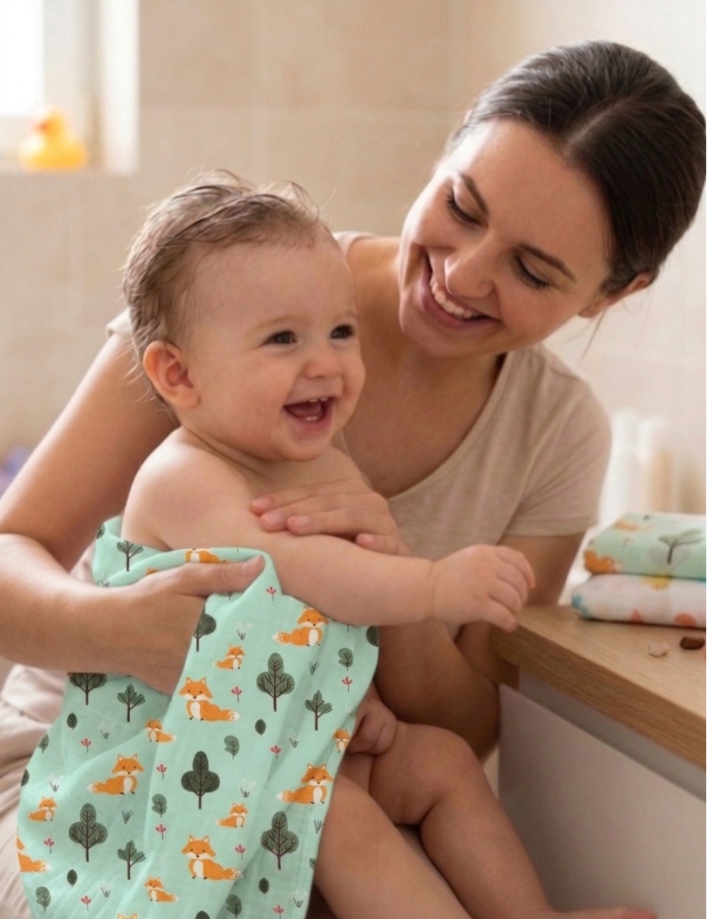 Muslin Towel | White Blossom & Green Fox