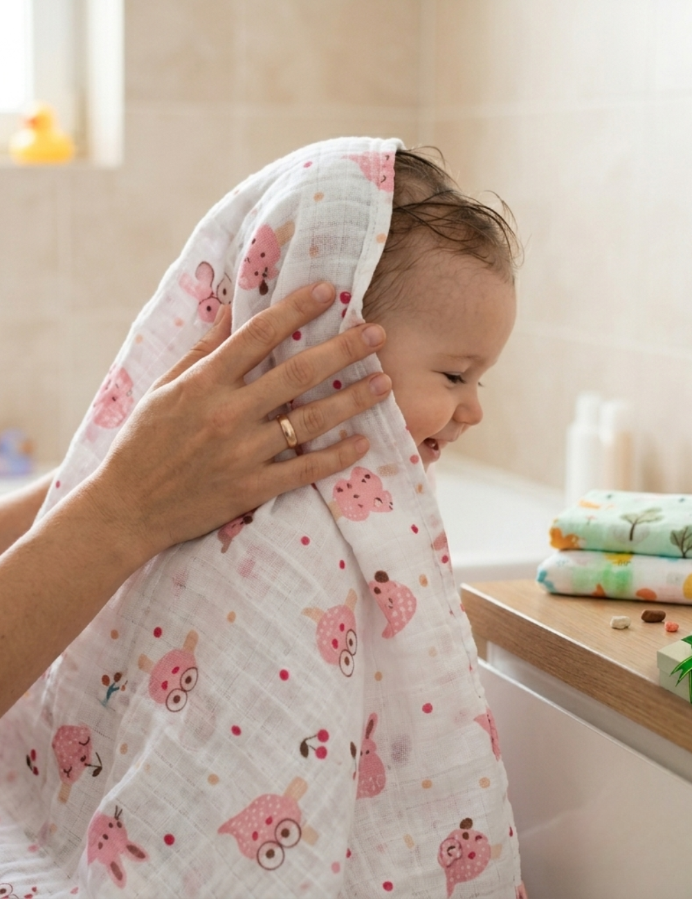 Muslin Towel | White Cherry & Pink Bunny